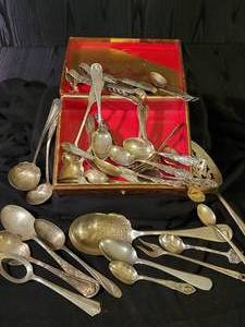 lot 17 image: Large lot of Various Antique Spoons w Several Being Sterling Silver