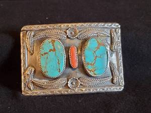 lot 46 image: Gorgeous Navajo Sterling Silver and Turquoise Belt Buckle, Marked MP