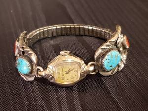 lot 76 image: Sterling Silver and Turquoise Watch Band with Bulova Watch