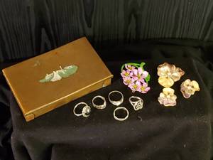 lot 82 image: Cool Lot of 5 Sterling Silver Rings, Small Metal Box, and Porcelan Jewelry