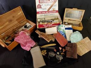 lot 85 image: Huge Lot of Misc Vintage Items Hankercheifs, Jewelry Boxes, Polished Rocks, Eye Glasses, Straight Razor, and Much More