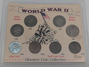 lot 76 image: Obsolete Coin Collection Poster World War II Silver Nickels, Steel Cent & Shell Case Cents