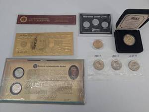 lot 100 image: Gold Banknote Replica, Monticello Nickel Set, Wartime Steel Cents, 1980 Quarters - Numismatic Lot