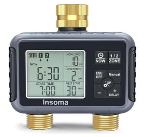 lot 74 image: Insoma Water Timer with Brass Inlet & Outlet, 2 Independent Zones Outdoor Hose Timer for Garden Faucet with AutoManualRain Delay Mode, Sprinkler Irrigation Controller for Yard Lawn