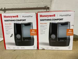 lot 204 image: LOT OF 2 Honeywell HWM845 Warm Mist Humidifiers with Essential Oil Feature Black Quiet Operation, 24-Hour Run Time, ETL Listed, No Filter Required