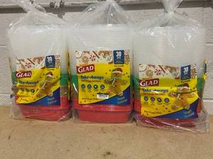 lot 224 image: LOT OF 3 Glad Take Aways Food Storage Containers (30 Sets Per Pack)
