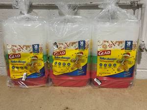 lot 227 image: LOT OF 3 Glad Take Aways Food Storage Containers (30 Sets Per Pack)