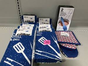 lot 303 image: LOT OF 9 Kitchen Accessories (The Cellar BBQ Kitchen Towels, Mitt & Basting Set)