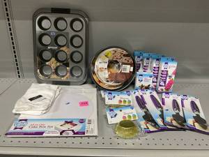 lot 310 image: LOT OF 18 Baked With Love Baking Merchandise & Baking Pans (Flour Shack SLightly Dusty)