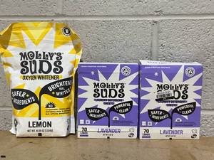 lot 277 image: LOT OF 3 Mollys Suds Laundry Detergent Sheets & Oxygen Whitener