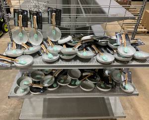 lot 477 image: LOT OF Brooklyn Steel (2) Pc Set Mini Frying Pan White & Bamboo Silicone Spatula Blue