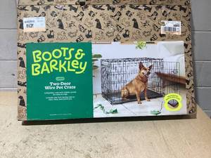 lot 135 image: Boots & Barkley 2 Door Wire Collapsible Dog Crate - L - Black Dimensions 36 (L), 25 (H) x 23 (W), Breed size Large 51-75 Pounds (Door Is Damaged, Used)