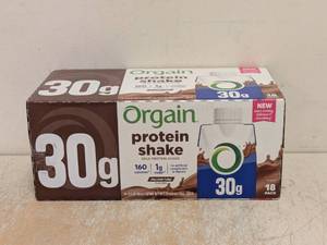 lot 174 image: ORGAIN PROTEIN SHAKE CHOCOLATE 30g 18 PK