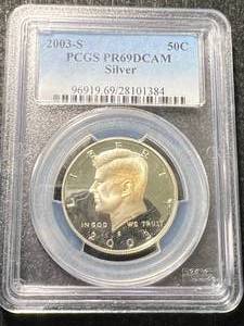 lot 11 image: 2003-S US PROOF SILVER KENNEDY HALF DOLLAR PCGS PR69DCAM