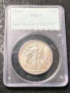 lot 26 image: 1947 US WALKING LIBERTY HALF DOLLAR PCGS MS64