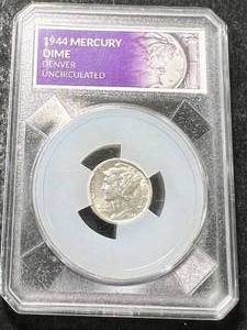 lot 46 image: 1944-D US MERCURY DIME SLABBED UNC