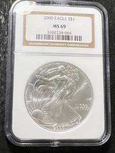 lot 51 image: 2000 AMERICAN SILVER EAGLE NGC MS69