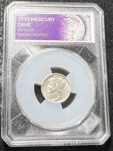 lot 58 image: 1943-D US MERCURY DIME SLABBED UNC