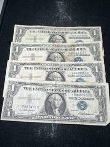 lot 75 image: 4 US STAR NOTE BLUE SEAL $1 SILVER CERTIFICATES