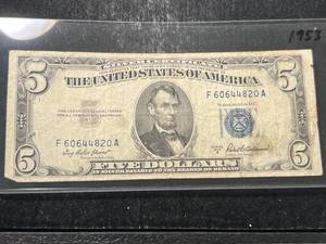lot 77 image: 1953A US BLUE SEAL $5 SILVER CERTIFICATE