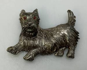 Large hefty Mid-Century Scottie Dog Brooch With Red Glass Eyes