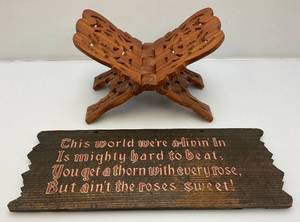 Vintage Wooden Sign And Hand Carved Wooden Book Holder