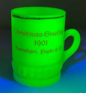 1901  3.5  Custard Glass Souvenir Christmas Greetings 1901 Hoerschgen, Papke & C0. Mug (Glow Under UV Light) Some Gold Missing On lip