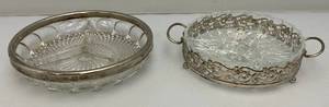 Vintage Silver Plate &amp Cut Glass Three Section Divided Bowls