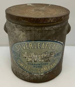 Antique Metal Canister With Lid And SILVER LEAF LARD Advertisement 12 12 x 14