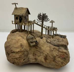 Vintage ALBERT GUIBARA Driftwood And Gilt Metal Art Sculpture Mid-Century Modern 7 12 x 8