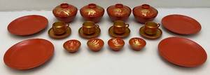 Antique Japanese Edo Era Red Lacquer Makie Wooden Lidded SoupRice Bowls, Plates, Sake Cups And More