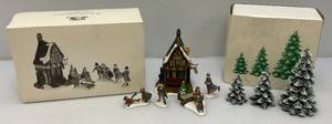 Vintage Dept. 56 Collectibles Including  Dickens ASHLEY POND SKATING PARTY Missing One Figure Set & Porcelain Evergreen Trees In Original Box