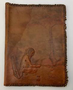 Antique MELLEN 1913 Signed Embossed Leather Book Cover With Dyed Image (Water Stain Present 8 x 10