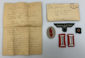 World War II GERMAN Patches With Letter For Provenance, Including Artillery Officer &amp Artillery ORs Cuff Tabs, Topical Heer Artillery Signal Blitz Patch, Cap Cockade And Wehrmacht Breast Eagle Bevo Tunic