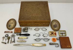 Vintage Collectible Items And Hand Carved And Inlayed Wooden Box