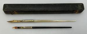 Pair Of Antique Gold Tip Dip Ink Pens In Original Box One With Pearl Handle