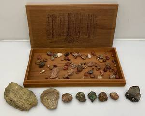 Vintage Wooden Box With Agate Rocks And More