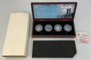 Vintage Collectible Enamel Printed KENNEDY Half Dollars, Sep. 11TH 10th Anniversary Tribute Coins In Wooden Box (New Old Stock)