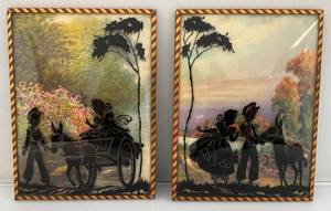 Two Vintage Silhouette Reverse Painted Prints With Convex Bubble Glass Victorian Themed 6 x 8 Wall Hanging