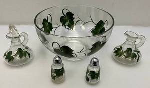 Vintage Unmarked Anchor Hocking Hand Painted Bowl With VinegarOil Cruets (One With Stopper) & Salt & Pepper Shakers