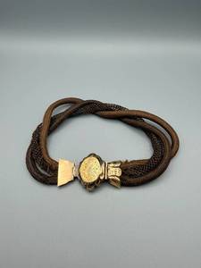 lot 72 image: Hairwork Bracelet or Choker - Hand-Woven Brown Human Hair with Ornate Gold Tone Clasp