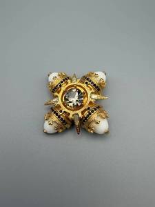 lot 88 image: Starburst Gold-Tone Brooch - Clear Center Crystal & White Enamel Petals
