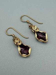 lot 111 image: Drop Earrings - Purple Cabochon, Handcrafted Gold-Tone Wire-Wrapped Pair
