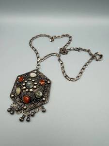 lot 117 image: Hexagonal Pendant Necklace - Multi-Colored Cabochons - 20 Chain