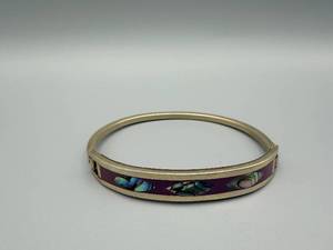 lot 120 image: Bracelet - Gold-Tone Bangle with Purple Enamel Inlay and Iridescent Accent Pattern