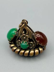 lot 126 image: Vintage Gold-Tone Filigree Pendant - Green & Red Cabochons, Black Center Stone