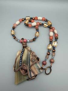 lot 146 image: Copper Wire-Wrapped Agate Pendant Necklace - Multicolor Bead Chain - Handmade