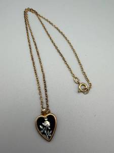 lot 225 image: Gold-Tone Heart Pendant Necklace with Black Enamel Floral Inlay