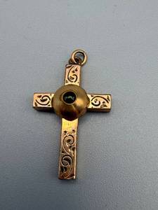 lot 227 image: Gold-Tone Cross Pendant with Ornate Scrollwork and Green Stone Accent