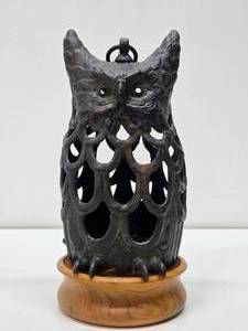 lot 9 image: Pierced Cast Iron Owl Hanging Lantern #1